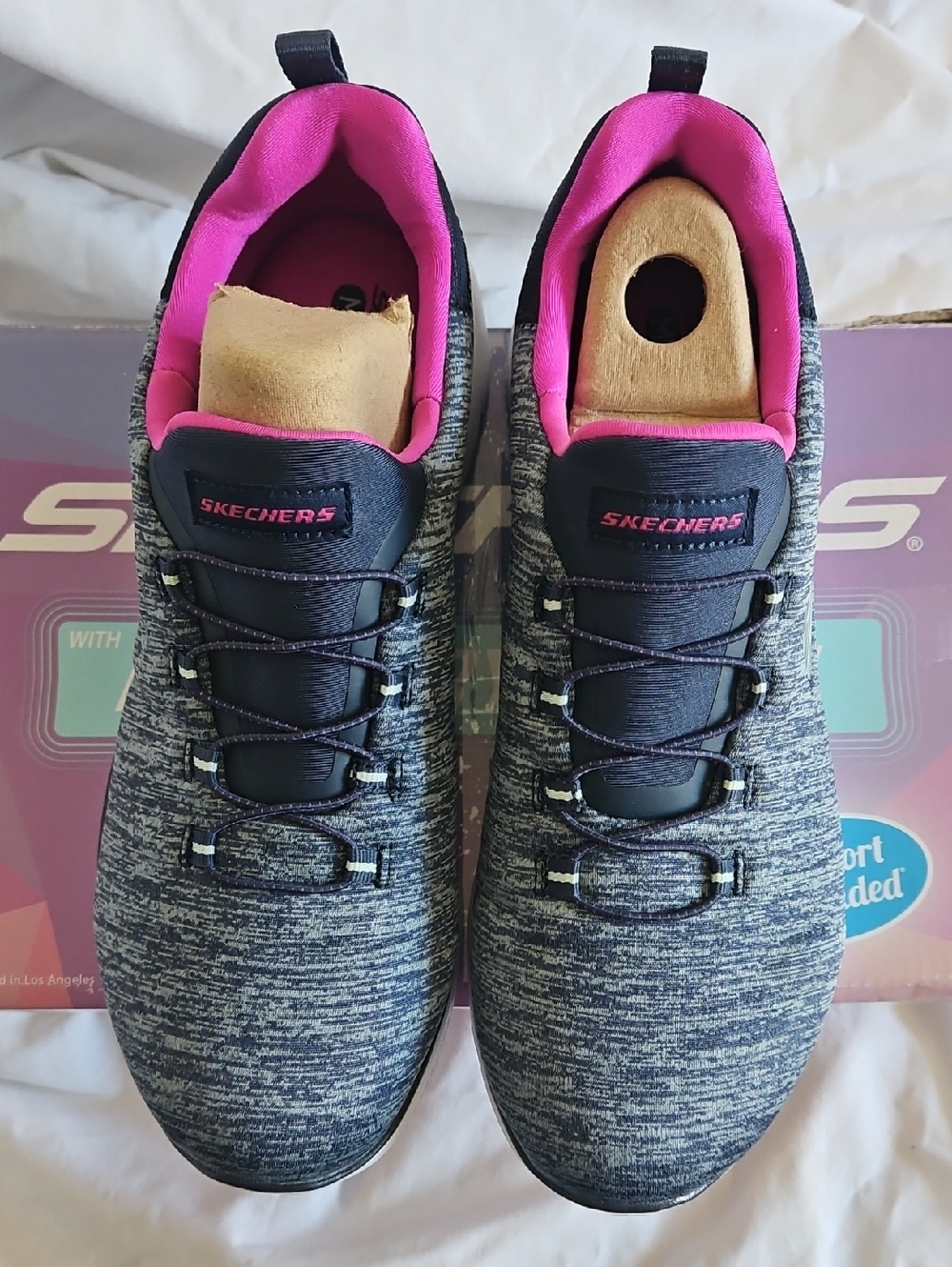 Skechers Navy Gray Knit Sneakers with Pink Lining
